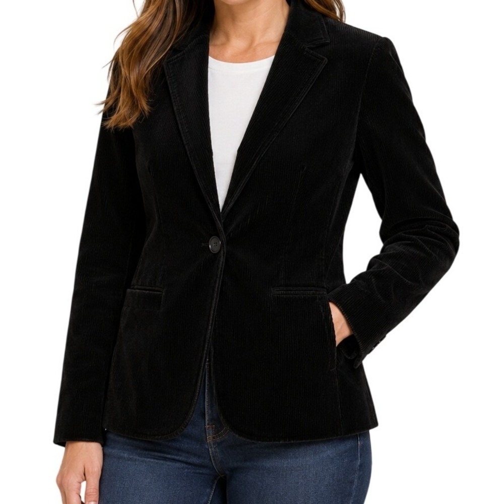 Lands End Black Single Button Classic Corduroy Blazer Jacket Women's Petite 4